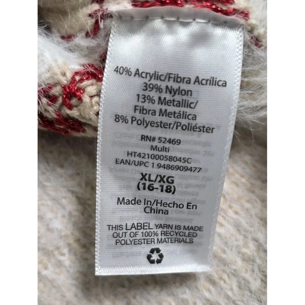 Holiday Time Christmas Winter‎ Holiday Sweater Fuzzy Snowflake Tan Red White XL